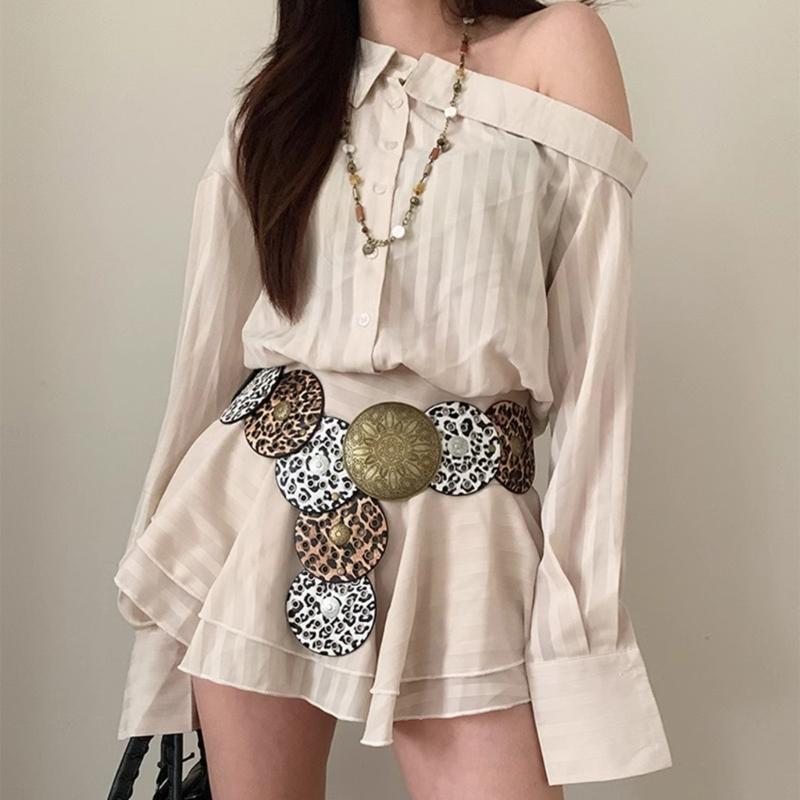 Stylish Leopard Wide Belt for Adult Western Waistband Ethnic PU Leather Embossing Buckle Waiststrap for Formal Dresses