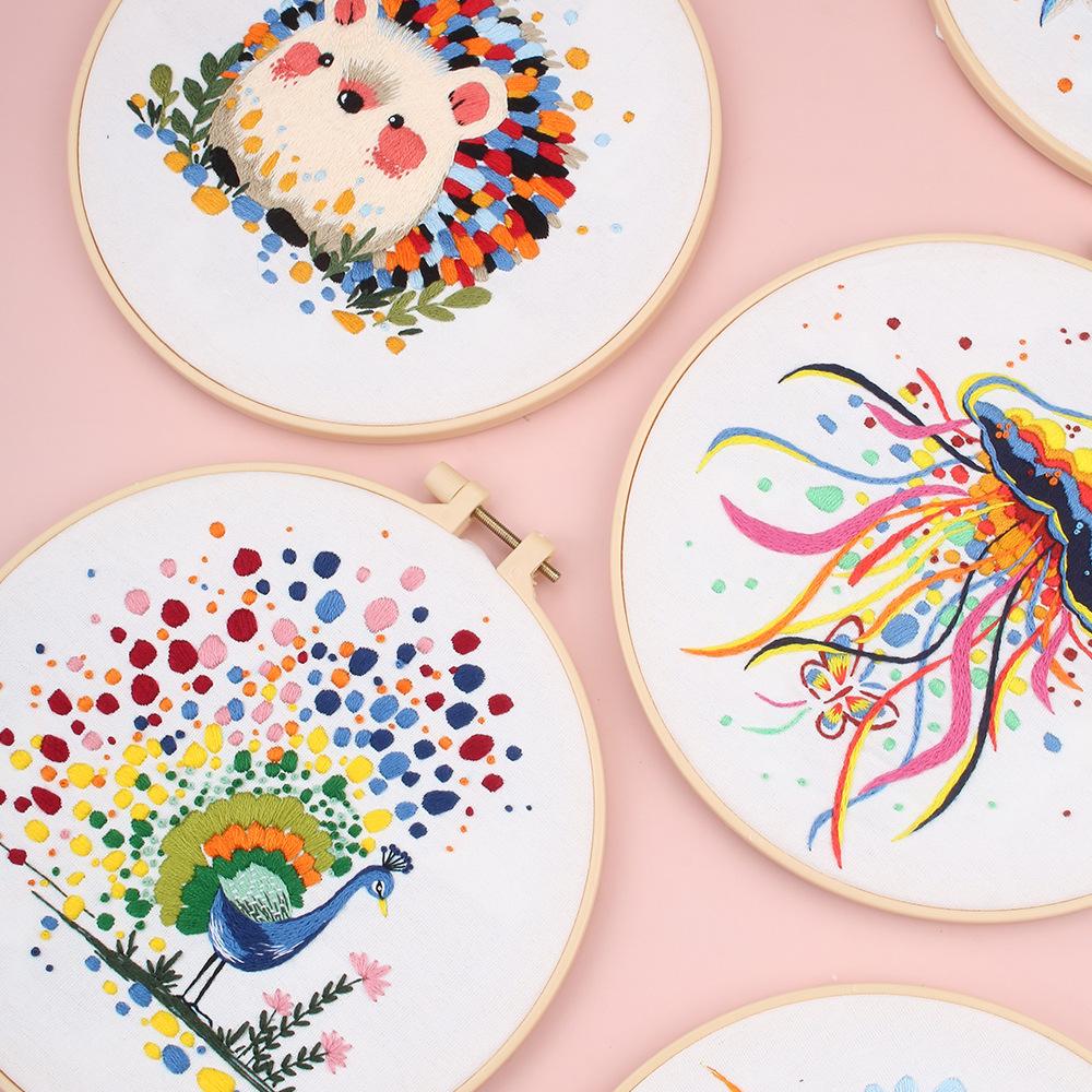 New Diy Handmade Embroidery Material Bag, European Abstract Animal Peacock Hedgehog, Needle And Thread Set