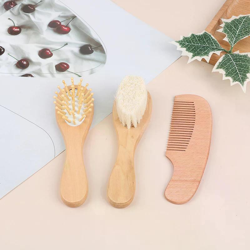 Soft Newborn Baby Hair Brush & Comb Set Wooden Handle Head Massager