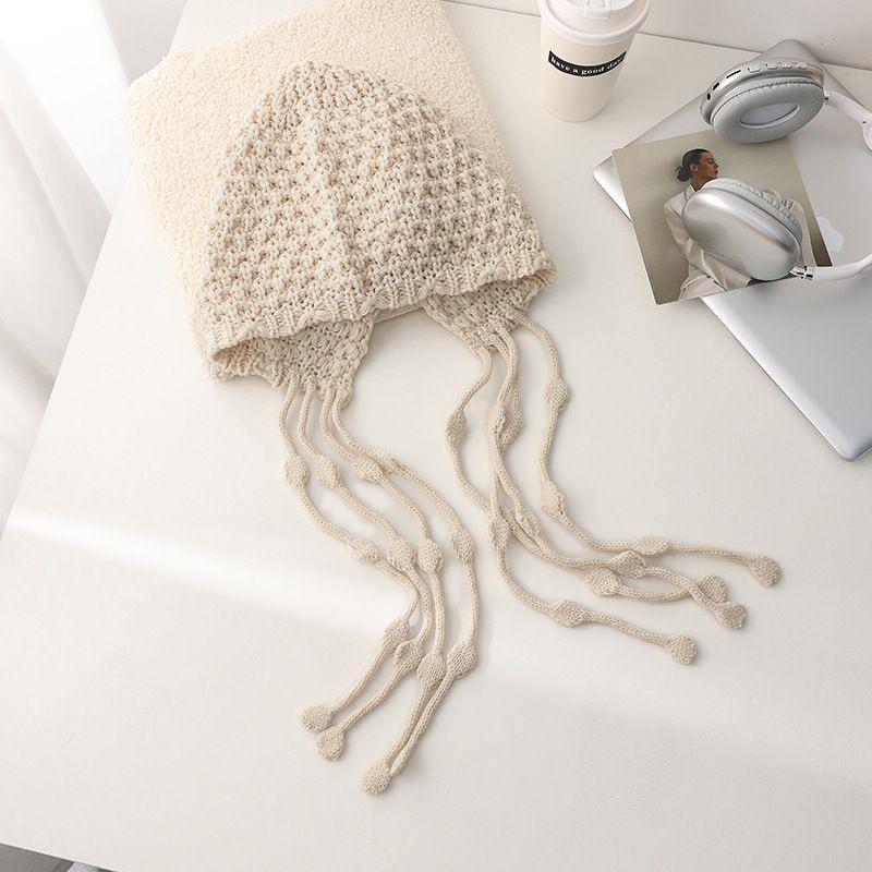 Women's Red Ethnic Tassel Hat - Winter Handmade Knitted Wool, Small-Face Retro Fashion