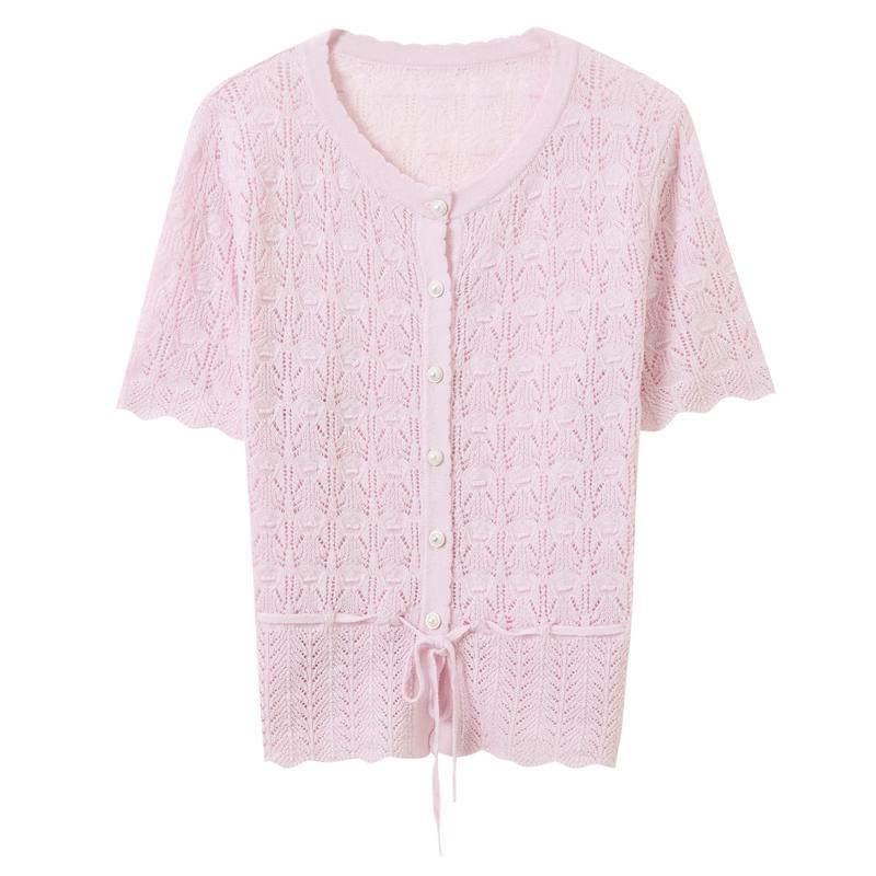 Women s Hollow-out Short Sleeve Round Neck Knit Top S