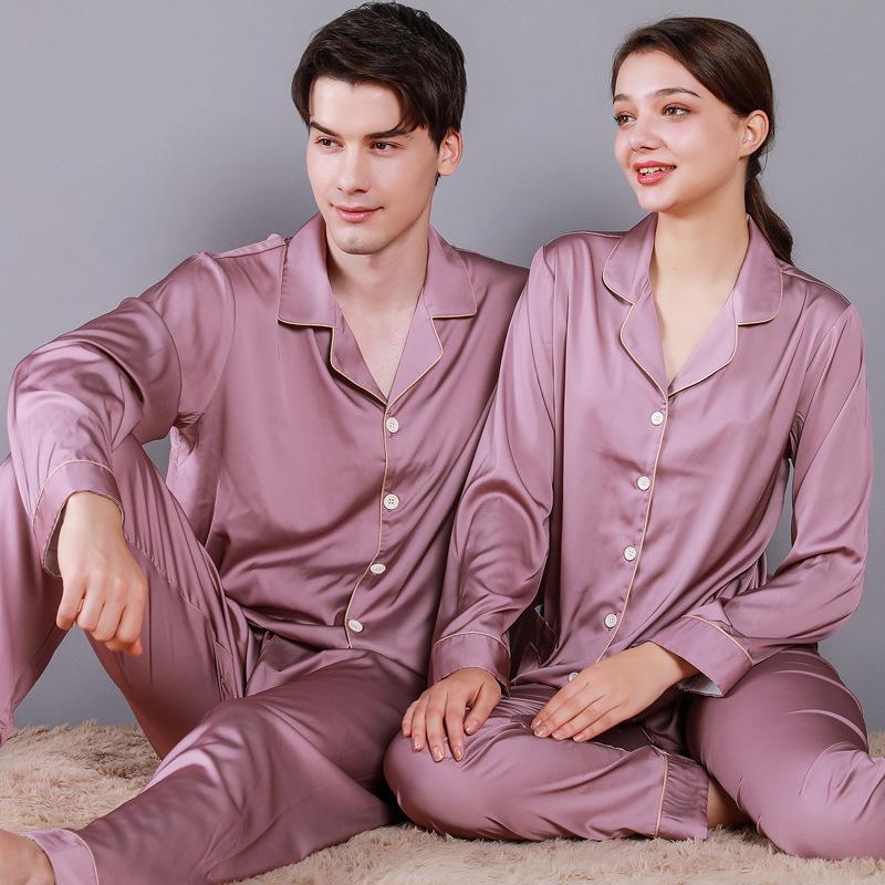2024 Couple's Long Sleeve Pajama Set - Men's and Women's Imitation Silk for Spring and Autumn.