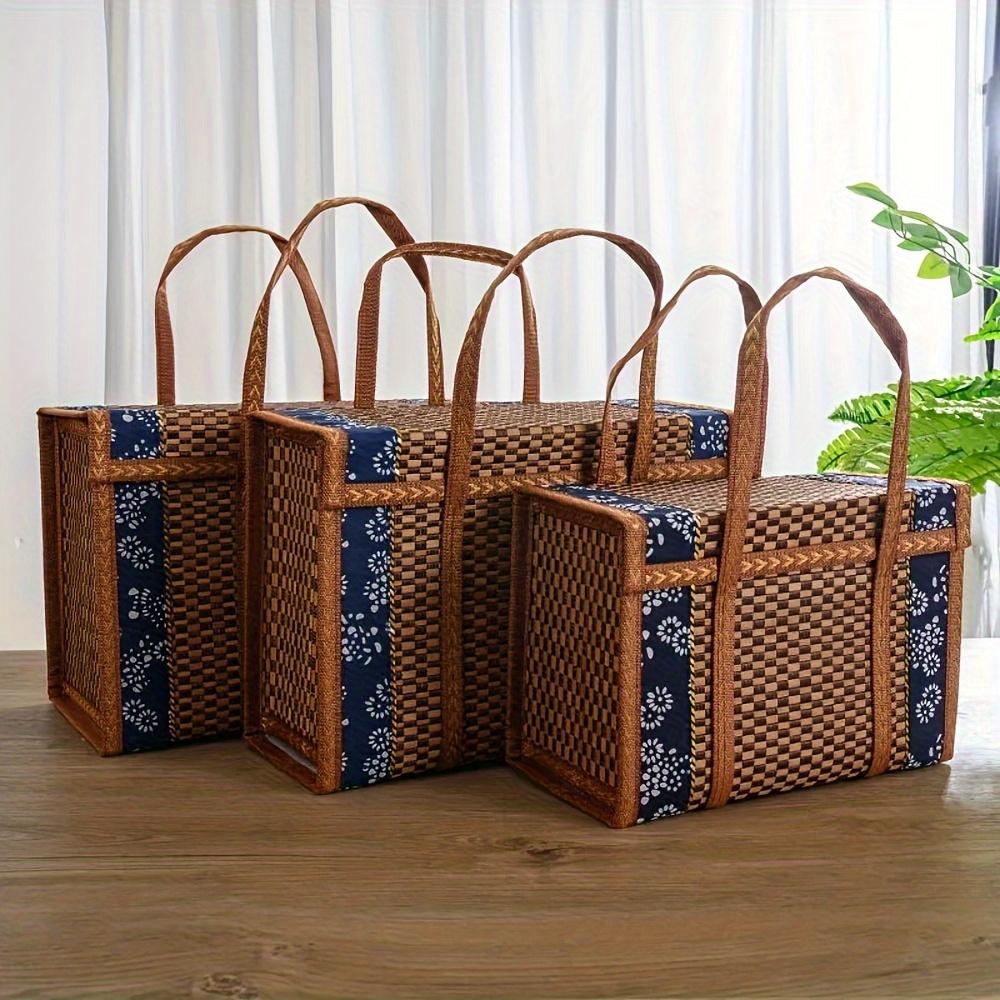 Bamboo Basket Natural -Friendly Woven Basket Bamboo Picnic Basket with Lid Handheld Snacks Bread Storage Basket