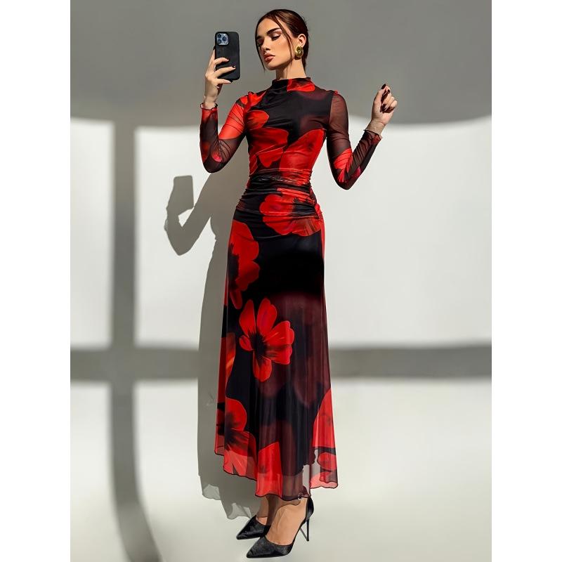 Women s Red Tie-Dye Mesh Print Long Sleeve Party Dress L