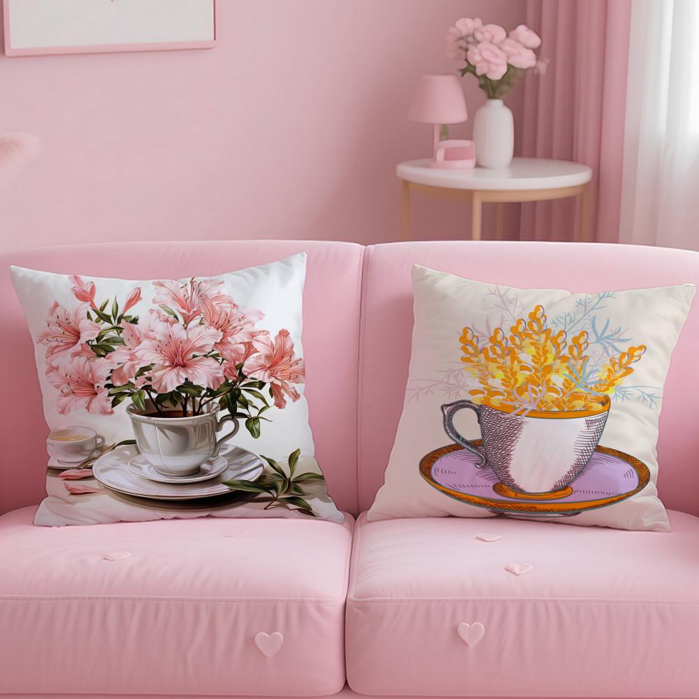 Popular C-CCup of Flowers Cushion Cover Comfortable Reversible Pillow Cover Ideal for Car Sofa Bedroom & Beyond