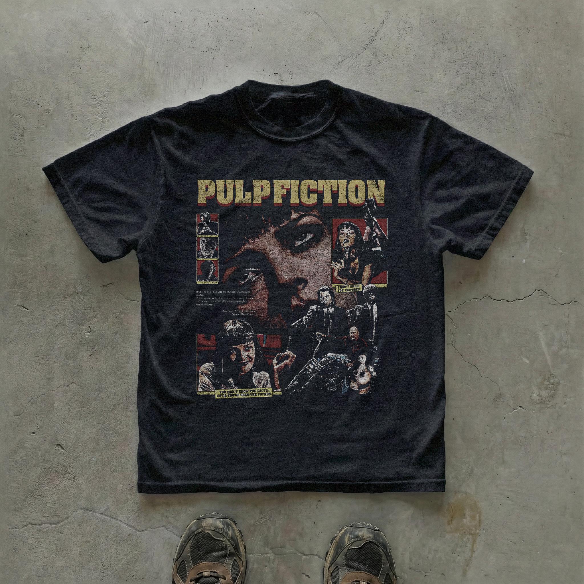 Retro Pulp Fiction Pattern Tshirt Retro Movie Poster Collage 90s Classic Movie Theme Tshirt Quentin Tarantino S