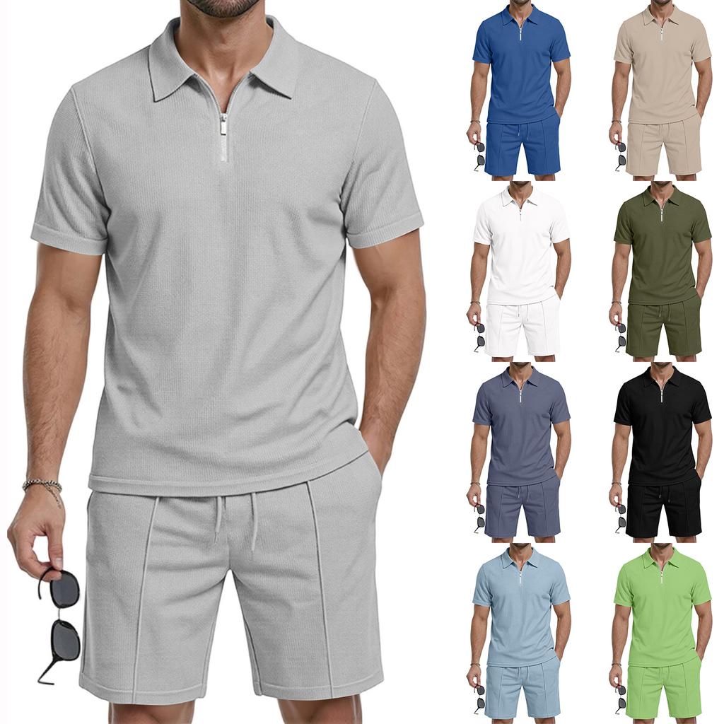 Men's Short Sleeve Polo Shirt and Shorts Set with Pockets Summer Casual Sportswear Lightweight Breathable Waffle Knit Fabric