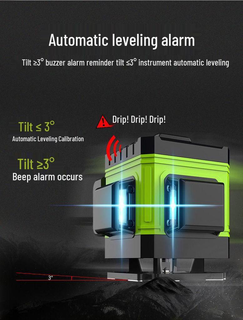 High-Precision Laser Level with Green Light, 12-16 Lines, for Walls and Floors, Automatic Leveling