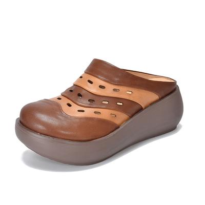 Fashion 6cm Genuine Leather Pigskin Moccasins Ladies Summer Hollow Women Thick Soled Flats Platform Wedge Sandals Round Toe Shoes