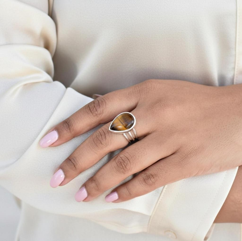 Tiger Eye Teardrop Statement Ring, 925 Sterling Silver, Minimalist Large Cocktail Ring for Women