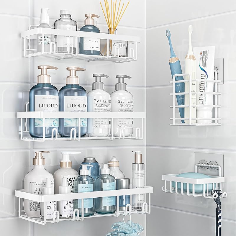5 Pack Shower Caddy Organizer Rack Shelf for Inside Shower, Adhesive Bathroom Wall Storage Basket Rustproof Stainless Steel Shampoo Holder, Girly
