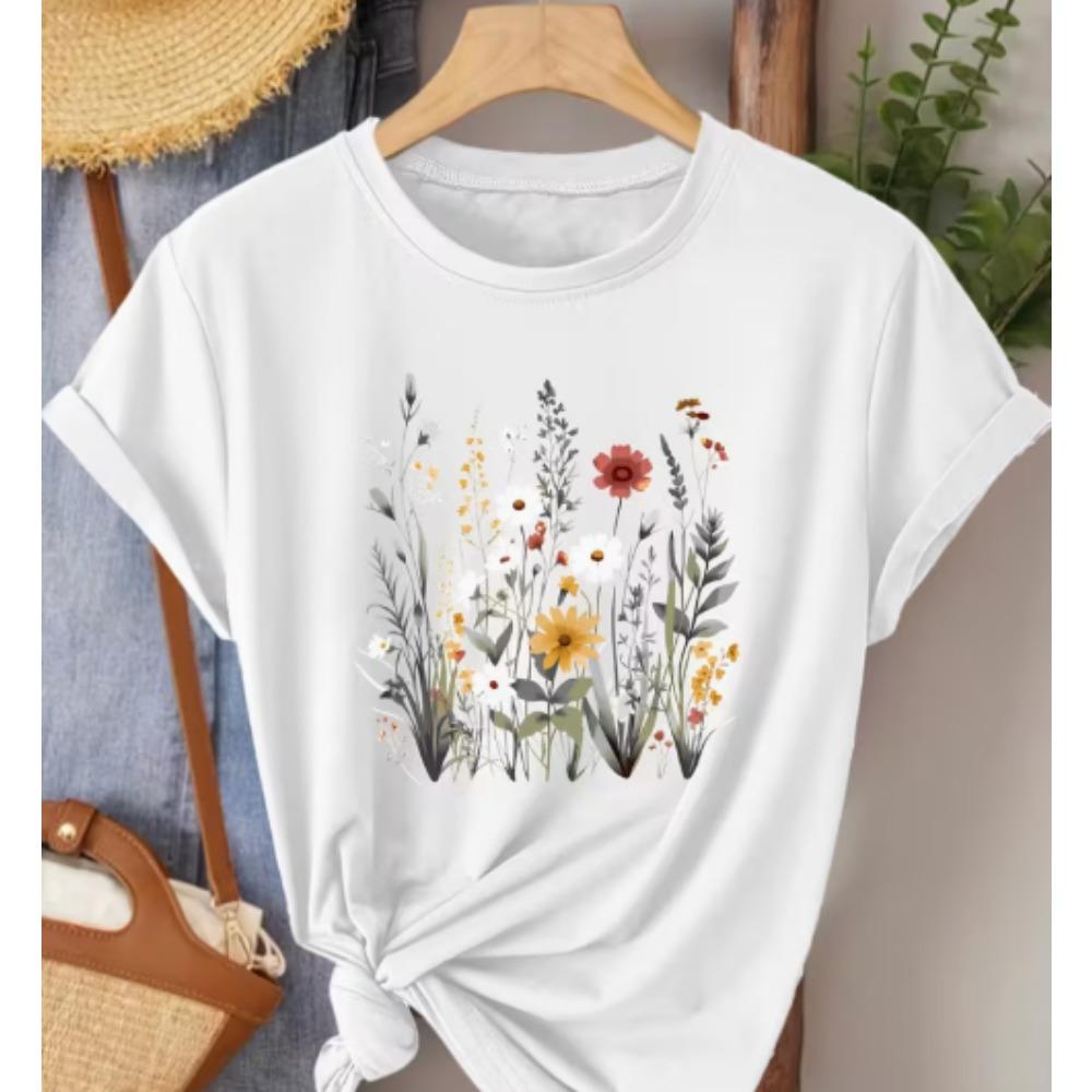 

Ladies Elegant Style Short Sleeve Printed Round Neck Women s T-shirt Suitable Fake Daily Casual Elegant Retro Style Top T-shirt S