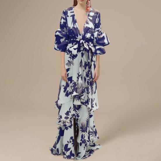 Long Dress Deep V Neck Lace-up Tight Waist Flowy Splicing Irregular Hem Ruffle