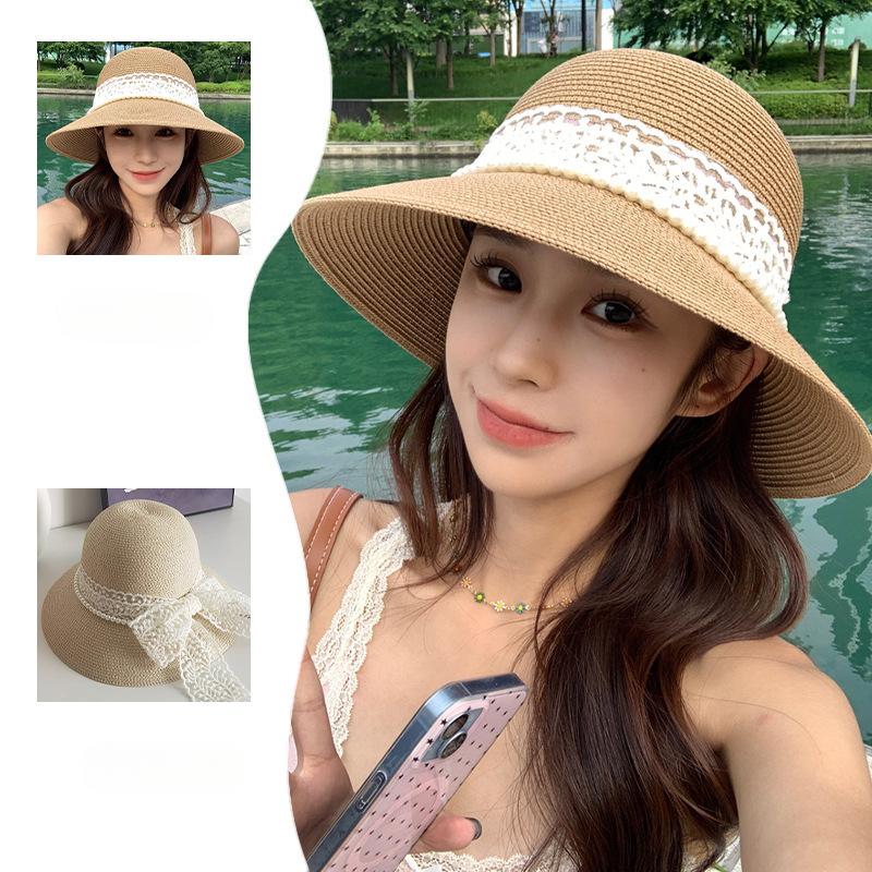New Summer Straw Hat Women's Pearl Wide Brimmed Sun Hat Trendy French Retro Hepburn Flat Top Sun Protection Hat