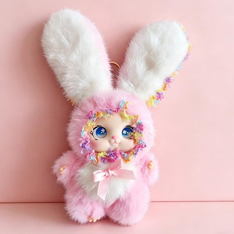 Super Soft Cute Big Ear Rabbit Plush Doll, Lace Trim Vinyl Face Bunny Pendant, Kawaii Plush Keychain Gift for Girls