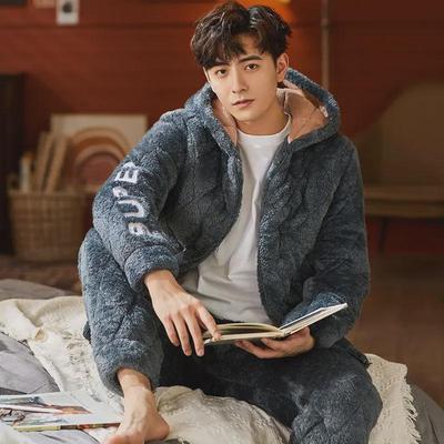 Men's Winter Hooded Quilted Pajama Set: Thick, Plush, Large Size Flannel Jacket