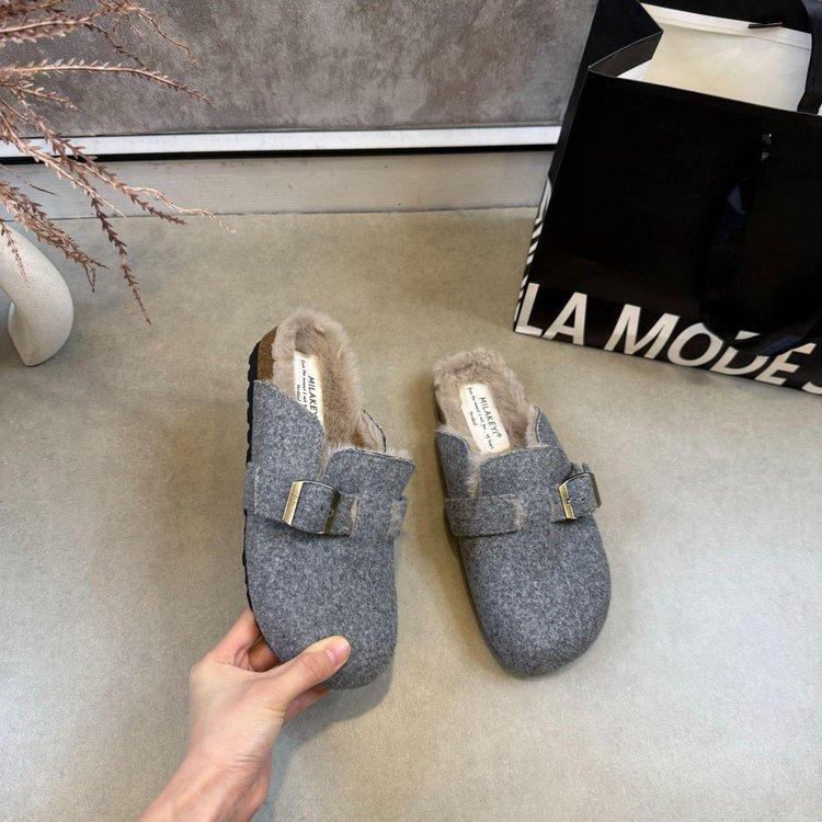 thick-soled fluffy shoes, velvet warm cotton shoes, bag head half-towed, autumn and winter flat-soled women's single shoes