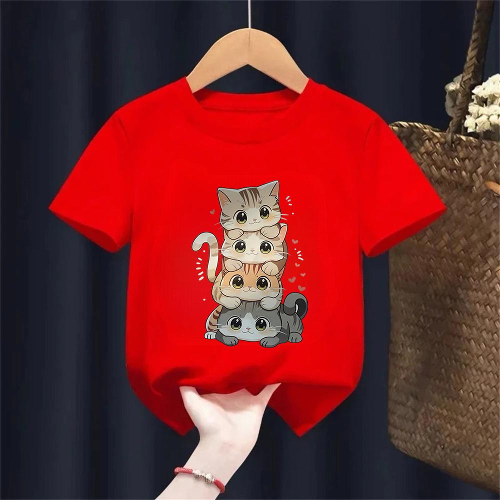 Cute Cartoon Cat Print Kids Round Neck Short Sleeved Tshirt 100cotton Casual Versatile Summer Girl Boy Tshirt