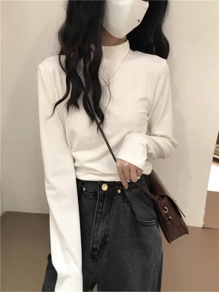 Thickened Shoulder Half-High Collar Slim Fit Warm Women's Long Sleeve T-Shirt - Autumn/Winter Fashion.