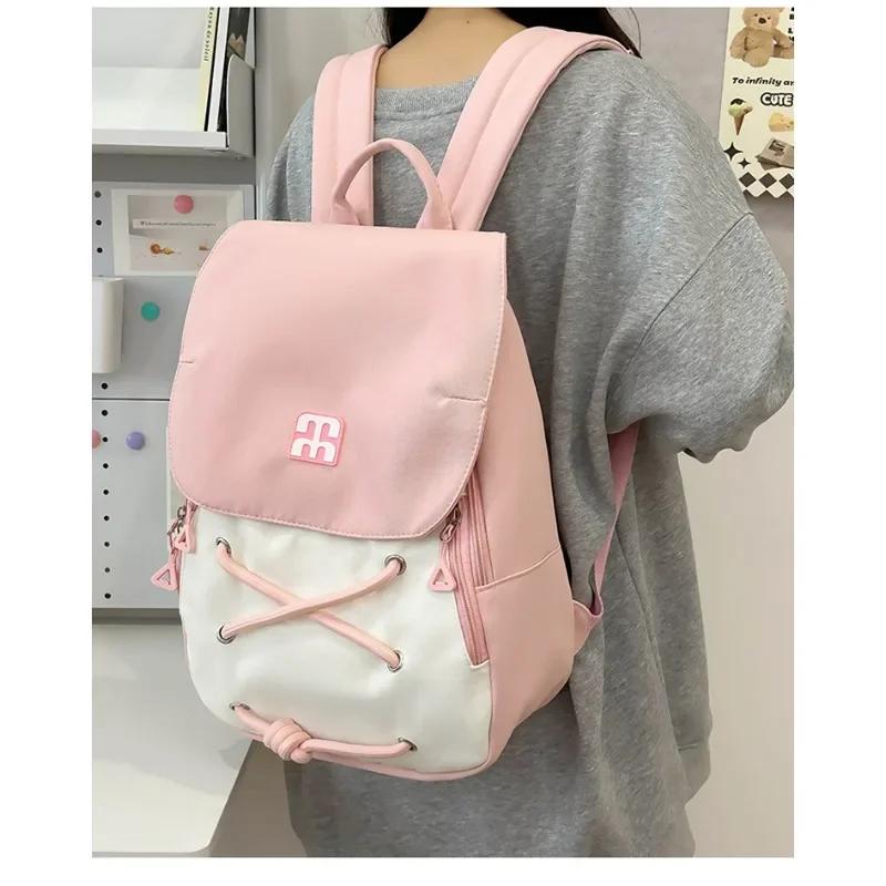 High Capacity Nylon School Bag Color Matching Cross Rope Decoration Sewing Backpack for Girls and Boys