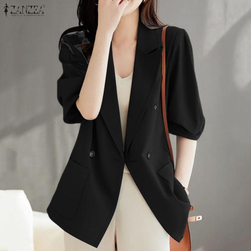 ZANZEA Women Casual Turn Down Collar Loose 3/4 Sleeve Thin Cardigan Blazer