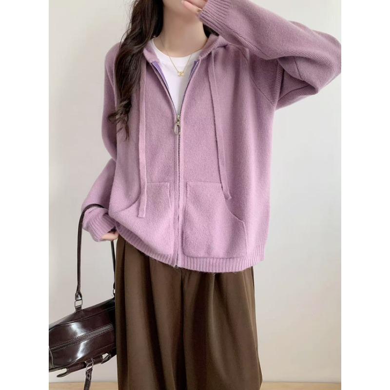 Lazy Wind Hooded Sweater Jacket Women's Autumn and Winter New Loose Casual Zipper Knitted Cardigan Jacket