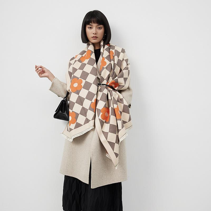 Imitation Cashmere Double-Sided Scarf Women'S Winter Versatile Dual-Purpose Shawl Thickened Warm Plaid Scarf