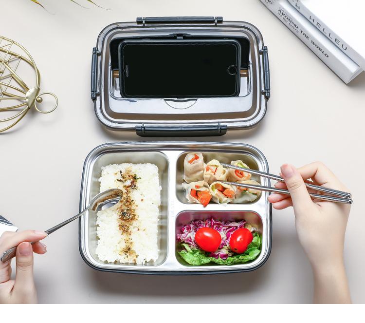 304 Edelstahl-Lunchbox mit Fächern, Tragbare Bento-Box mit Besteck für Schüler & Berufstätige