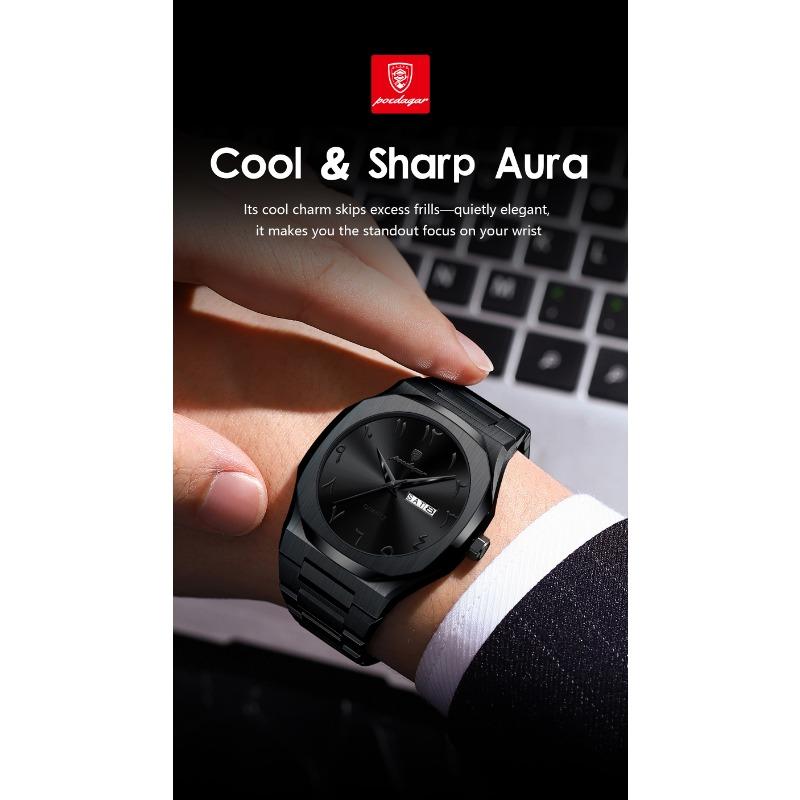 POEDAGAR Watch for Men Waterproof Luxury Week Calendar Wristwatch Quartz Stainless Steel Fashion Watches Male