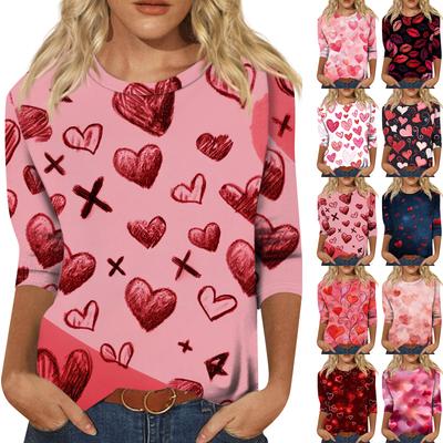 Blusa Casual da Moda Feminina com Manga Três Quartos Estampa de Dia dos Namorados Gola Redonda