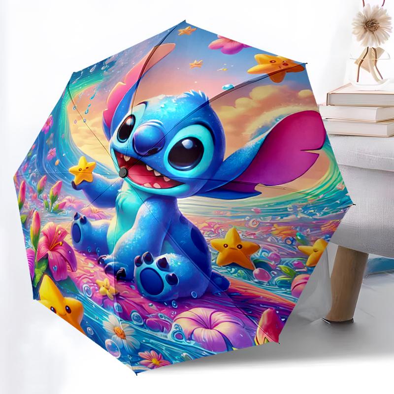 1pc Sturdy 8-Bone Auto Umbrella, Girl With Stitch Floral Pastel Umbrella, Digital Printed, Foldable Umbrella for On-the-Go Outdoor Use