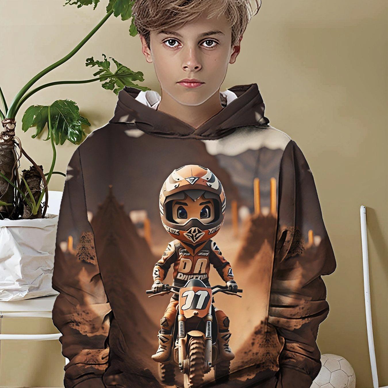

Boys off-road motorcycle pattern hooded sweatshirt - rider and track print, suitable for motorcycle racing fans 13-14Y