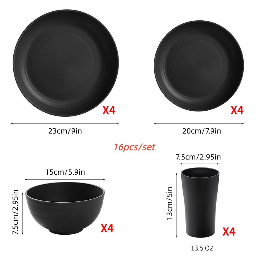 16 Pieces Dinnerware Set Unbreakable Plates Cups and Bowls Sets Dish Set for 4, Reusable Plastic Dish Set for Camping Travel