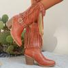 Fashion Women's British-style plus-size high-heeled fashion boots, autumn belt buckle tassels, pointed toe, western mid-calf boots