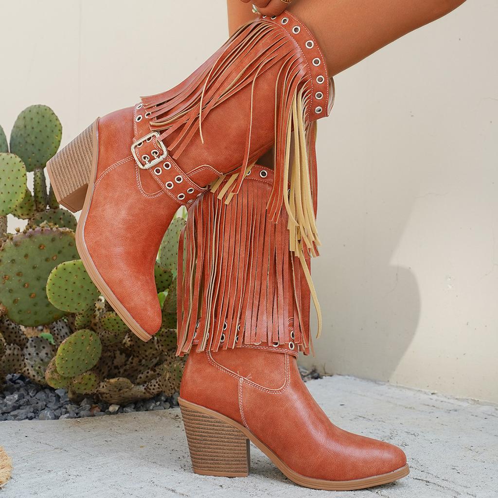 Fashion Women's British-style plus-size high-heeled fashion boots, autumn belt buckle tassels, pointed toe, western mid-calf boots