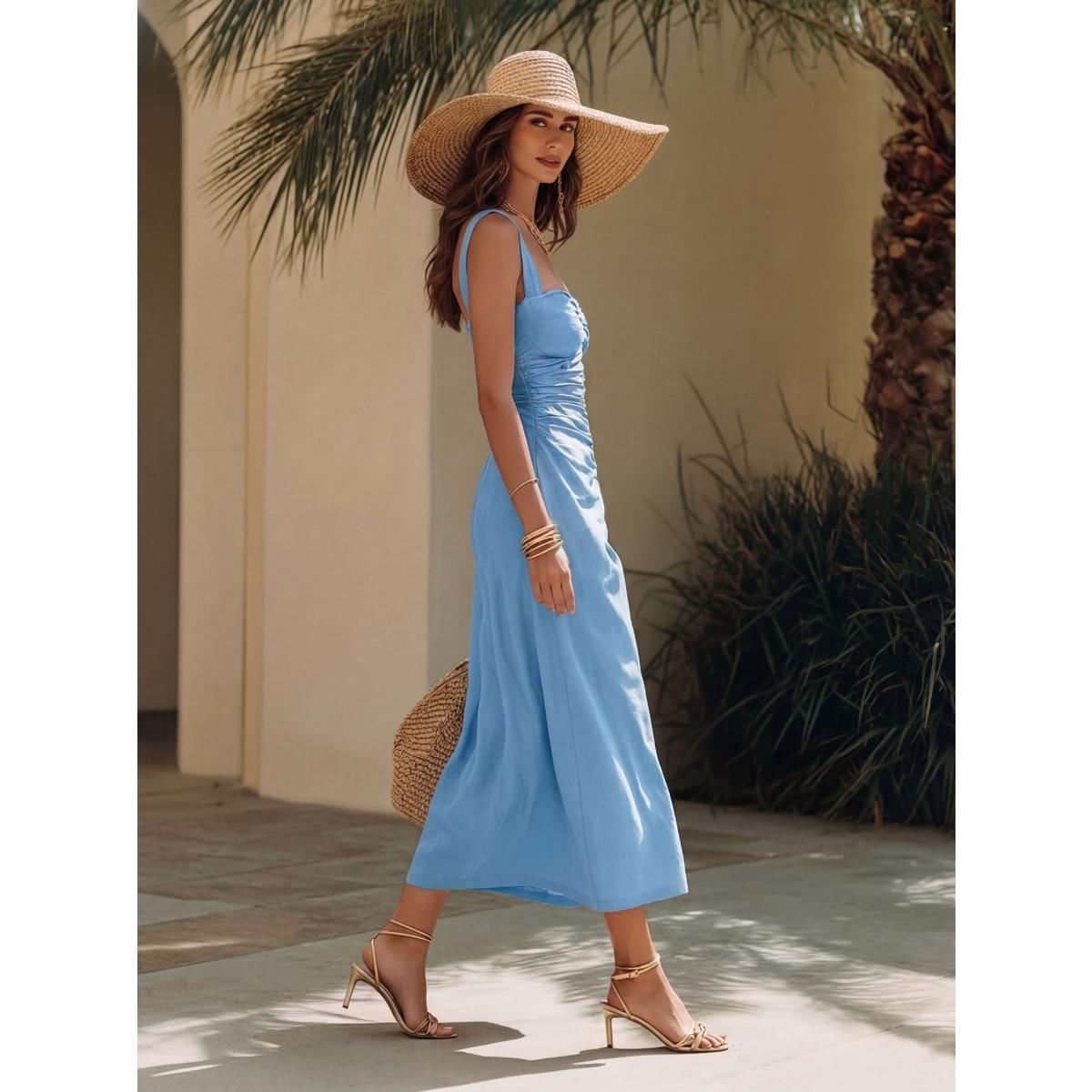 Women s Square Neck Ruched Sleeveless Midi Dress Cotton Linen Summer Beach Dress S небесно-голубой