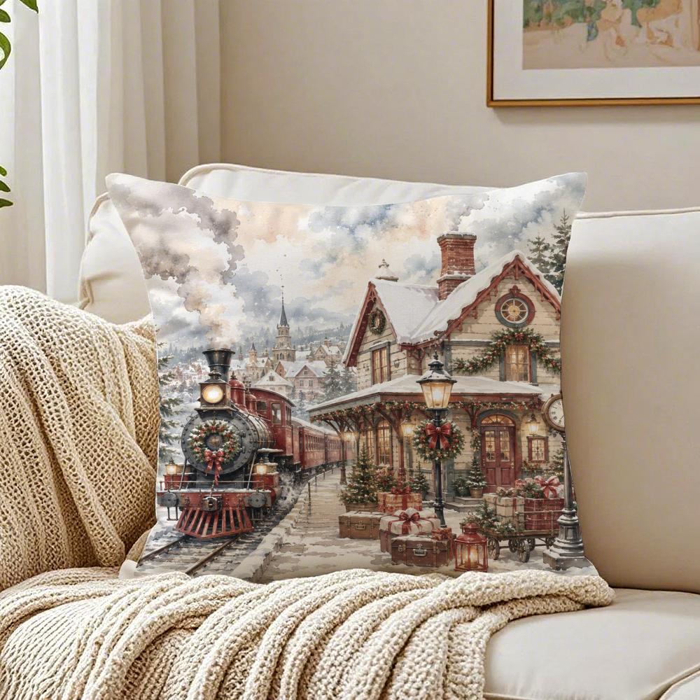 Christmas Village Winter Snowy Houses Cushion Cover Short Plush Pillow Case Machine Washable Wrinkle-Resistant Soft Durable