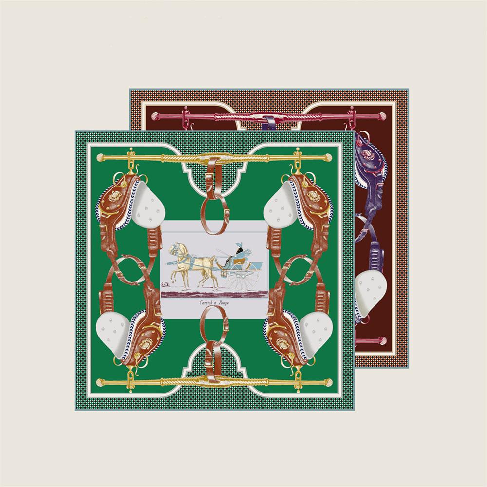 POBING Hand Rolled Twill Silk Scarf Women Horse Saddle Double Side Print Square Scarves Wraps Echarpes Foulards Femme Hijab 53CM