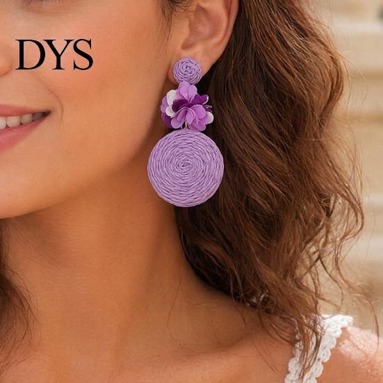 Handmade Boho Jewelry 1 Pair Raffia Flower Earrings for Women, Rattan Lightweight Woven Round Drop Dangle Earrings, Straw Summer Beach Vacation