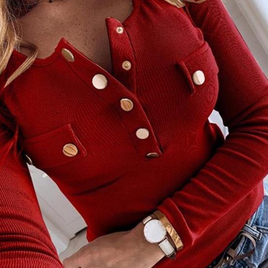 Sexy Women Long Sleeve Solid Color Buttons Ribbed Slim Plus Size Low-cut Blouse
