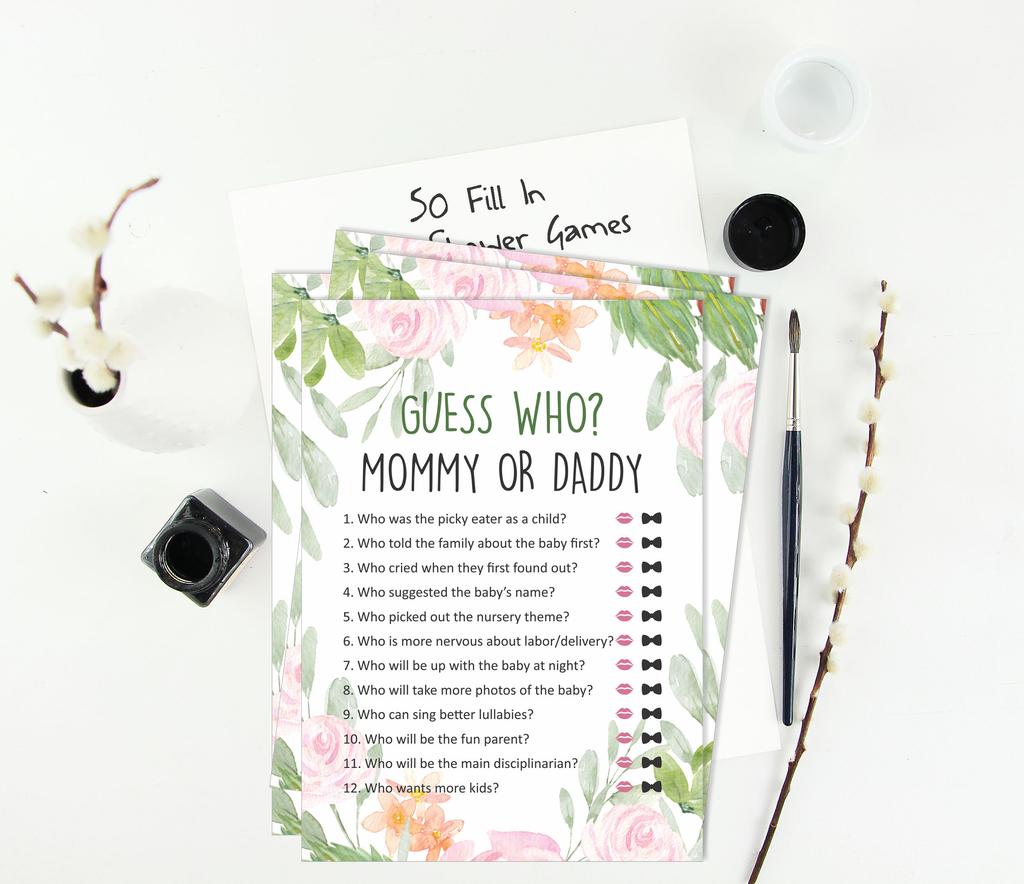 Inkdotpot Who Said it Game Mommy Or Daddy 50 Sheet Fun Baby Shower Game Gender Neutral Floral Party Supply-7407