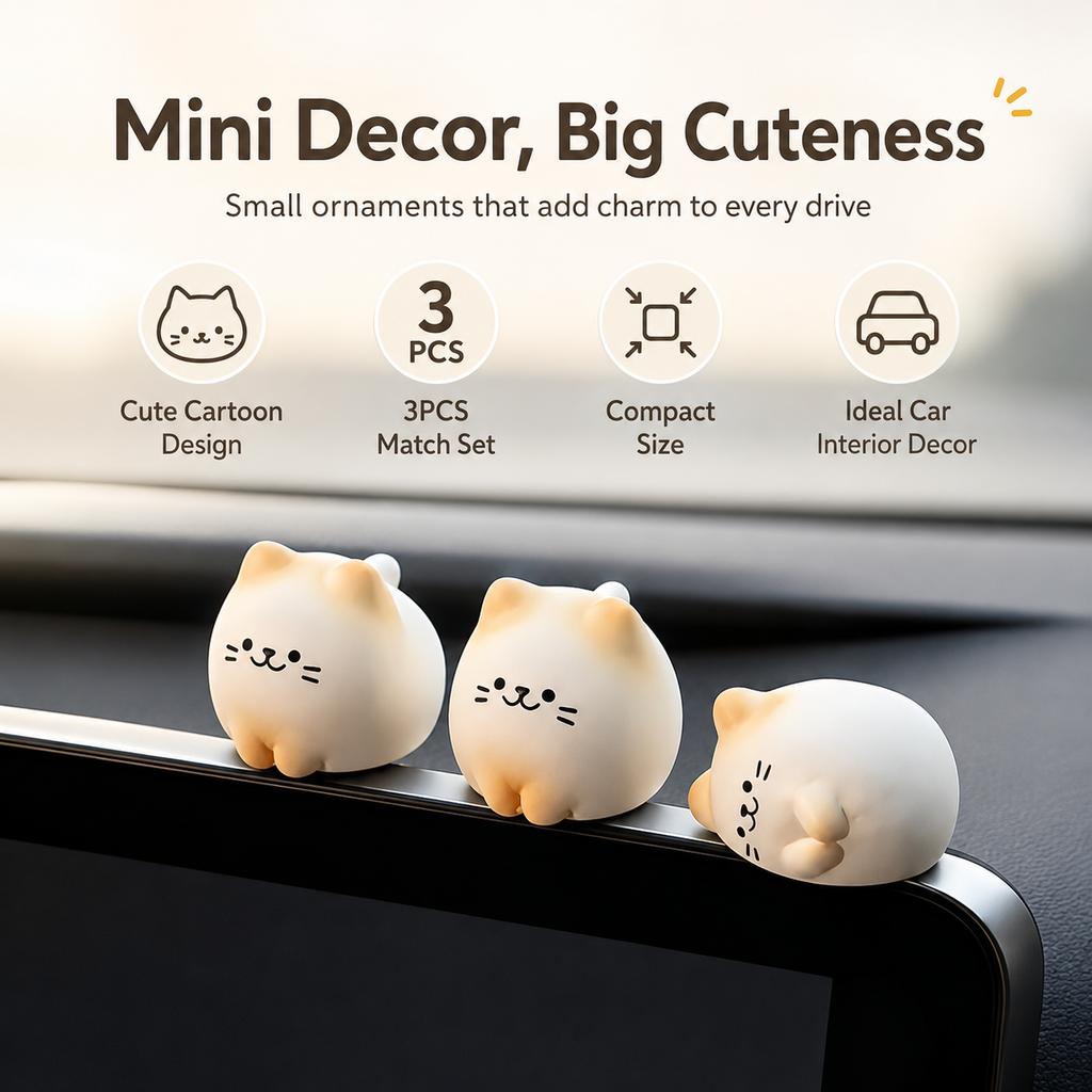 3Pcs Cute Cat Car Accessories Kitten Figurines Dashboard Decor Center Console Interior Ornament