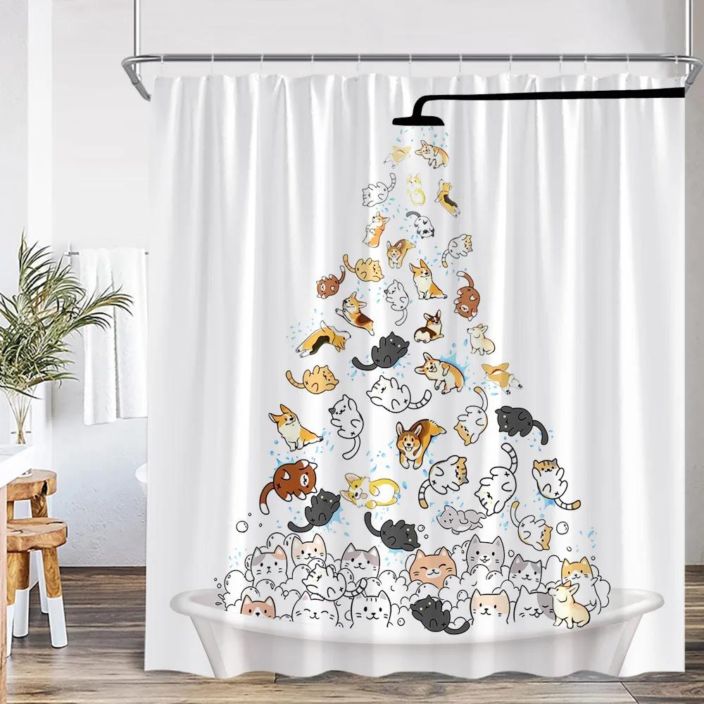 

Funny Animal Cartoon Shower Curtain Ocean Life Dog Bathing Cat Kid Bathroom Decor Children Polyester Bath Curtain With Hooks W60H190(CM)-1 Pcs