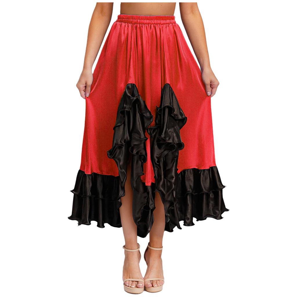 Ladies Spanish Dance Skirt Flamenco Style Ruffled Trim Irregular Hem Satin Elastic Waist Big Swing Skirt