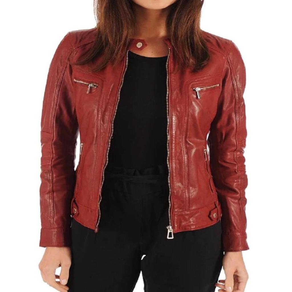 NOORA Damen-Bikerjacke aus Lammleder in Braun mit Reißverschluss und Tasche | Geschenk für Sie |