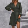 Women's Fashionable Color V Neck Long Sleeved Pleated Versatile Dress