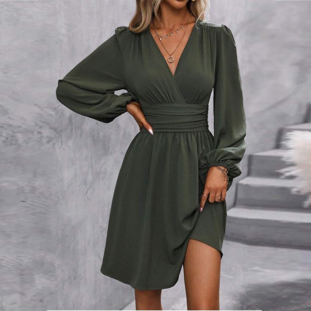 Women's Fashionable Color V Neck Long Sleeved Pleated Versatile Dress