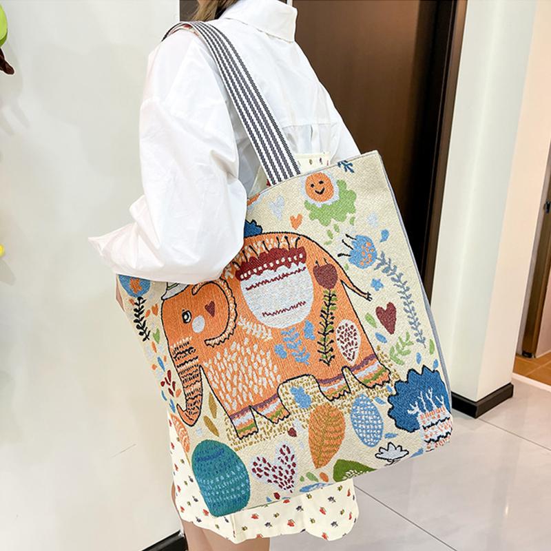 Ethnic Style Handbag Trendy Animal Embroidery Handbag Canvas Women Shoulder Bags Women Grocery Storage Pouch