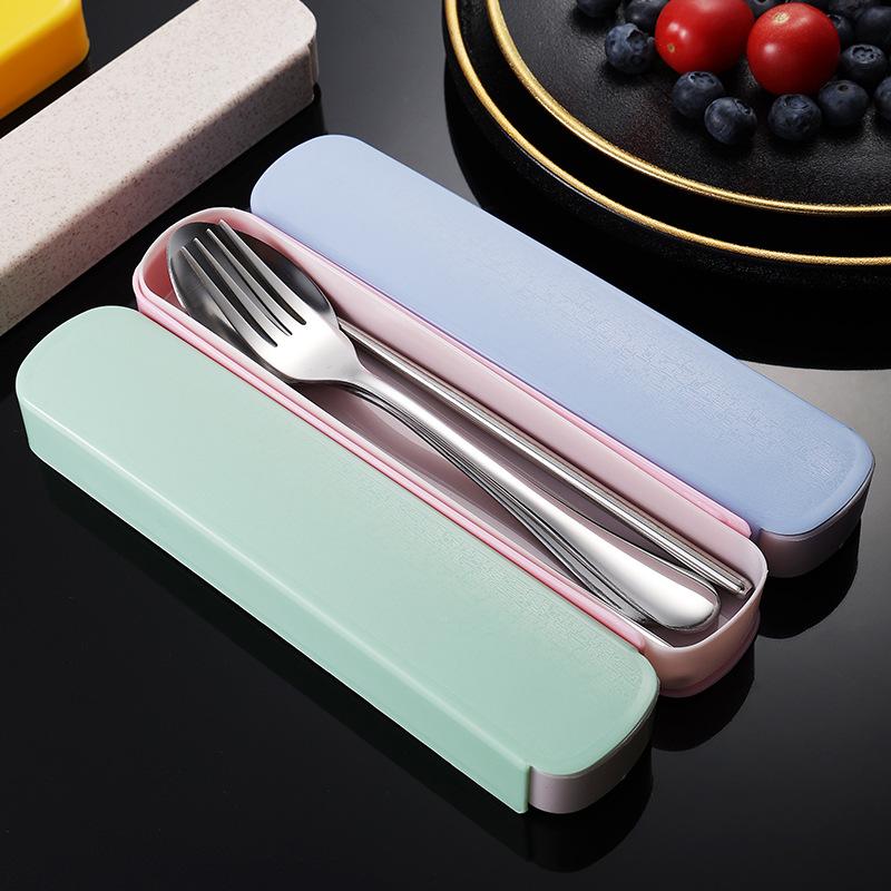 Stainless steel portable storage tableware set, chopsticks, spoons, student office workers with box, fork and spoon three-piece set