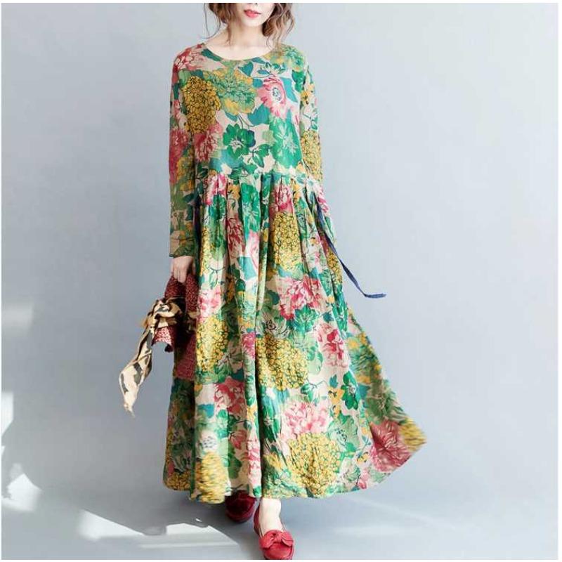 Damen Langer Rock Retro Große Blume Übergroß Schwingend Bodenlanges Kleid